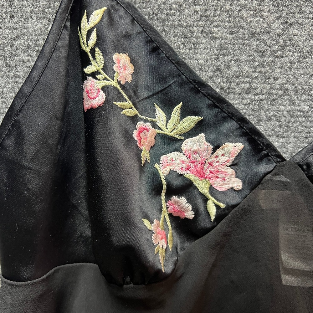 Delicates Black Floral Embroidered Satin Sheer Camisole Y2K Lingerie Slip Medium - Picture 2 of 11